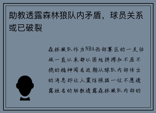 助教透露森林狼队内矛盾，球员关系或已破裂