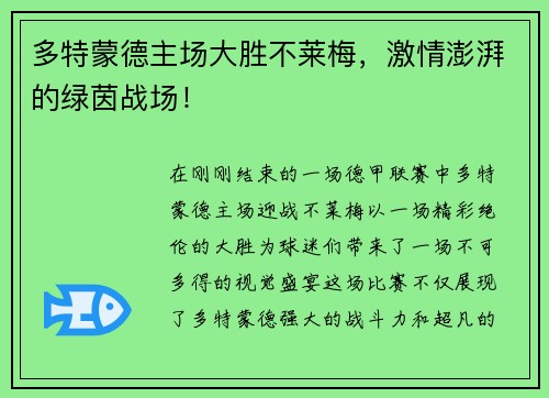 多特蒙德主场大胜不莱梅，激情澎湃的绿茵战场！