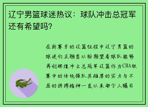 辽宁男篮球迷热议：球队冲击总冠军还有希望吗？